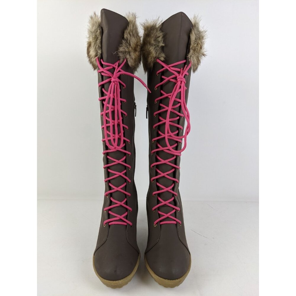 Colin Stuart Faux Fur Wedge Heel Womens Size 10B Brown Knee High Pink Laces - Picture 4 of 12